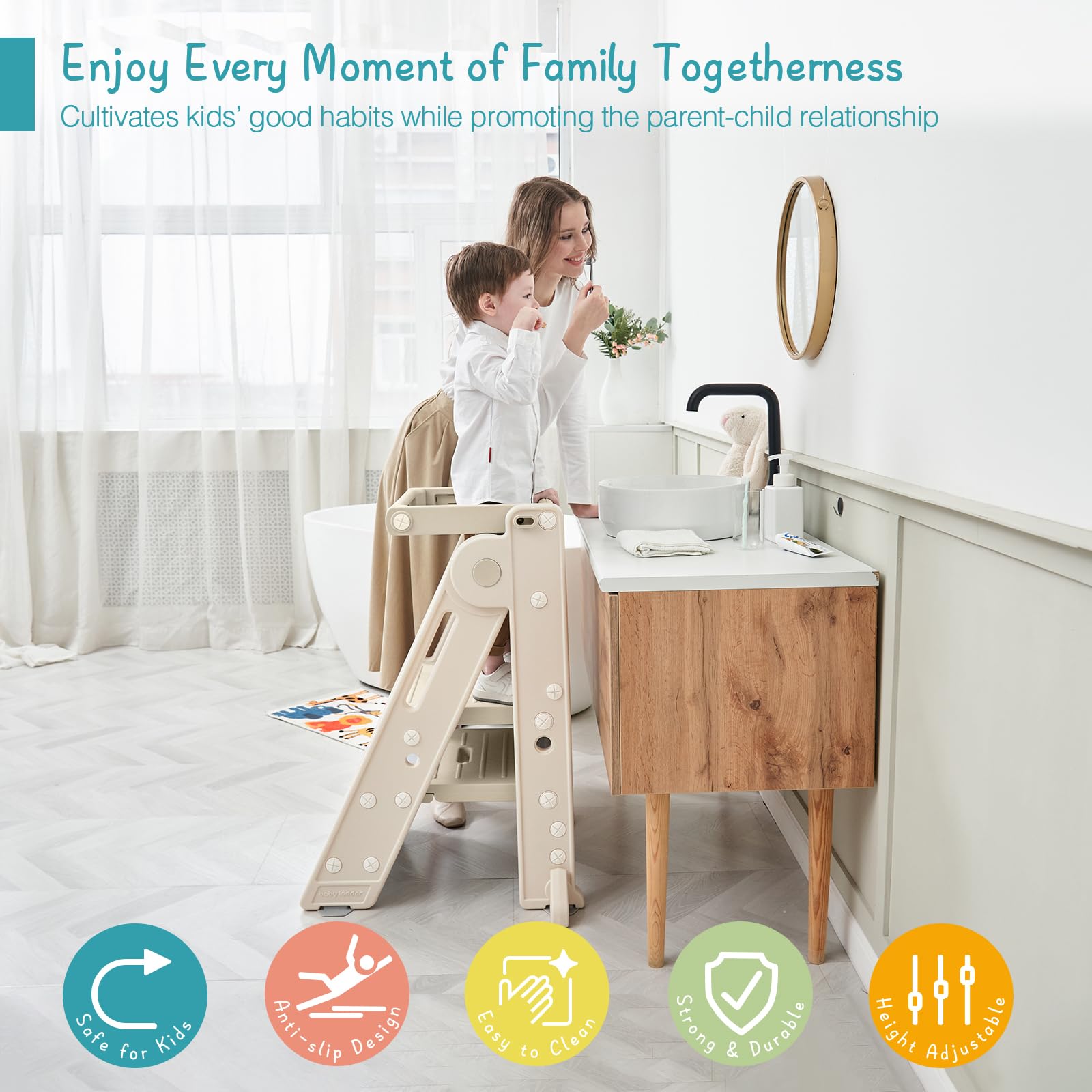 Forbena collapsible tower apricot in kitchen—lets child help with tasks safely.