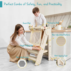 Forbena collapsible tower apricot toddler at sink—reaches kid-friendly height for brushing.