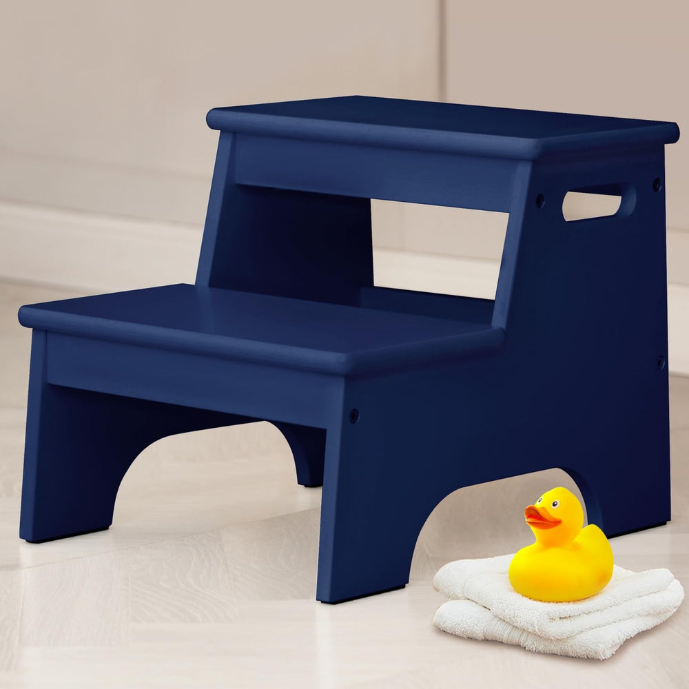Forbena navy blue 2-step stool full view showing sturdy kid-friendly platform for daily reach