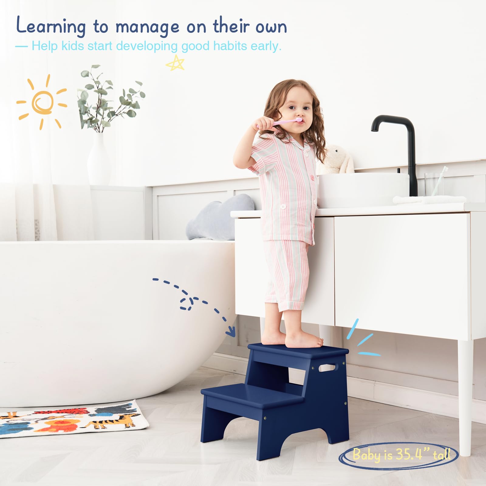 Forbena navy blue 2-step stool handles closeup highlighting easy-grip carrying for kids