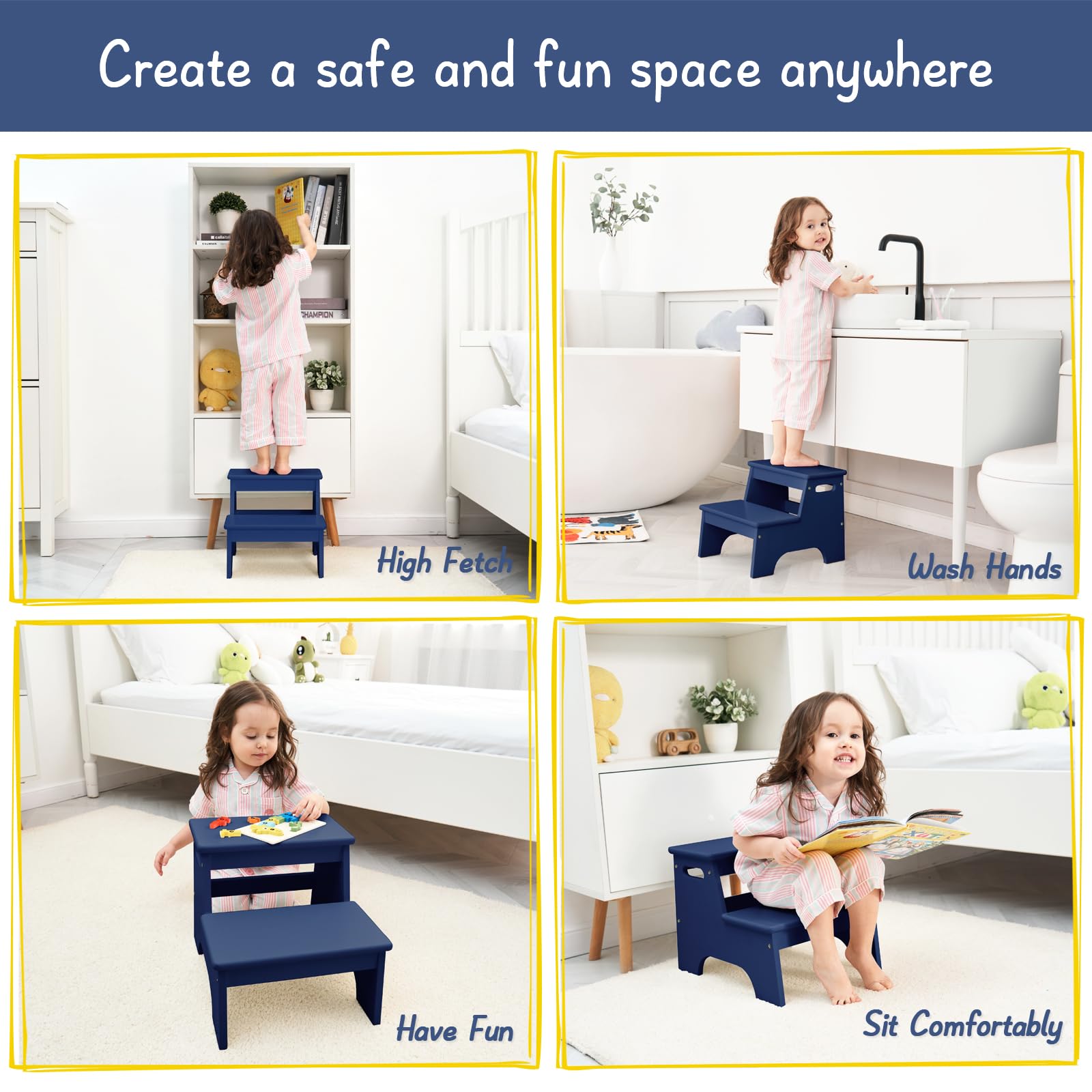 Forbena navy blue 2-step stool 250-lb capacity image signaling durable use for kids and adults