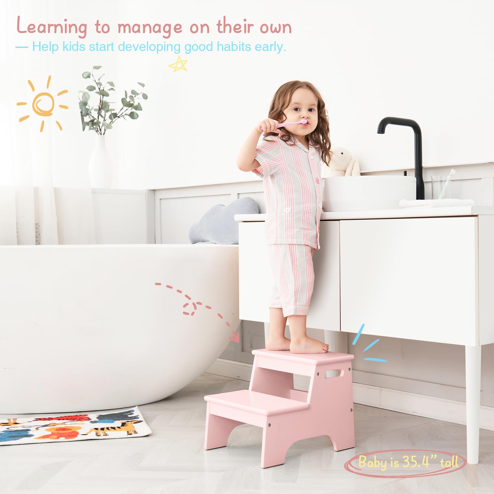 Forbena pink toddler stool beside toilet supports potty training with sturdy two-step design