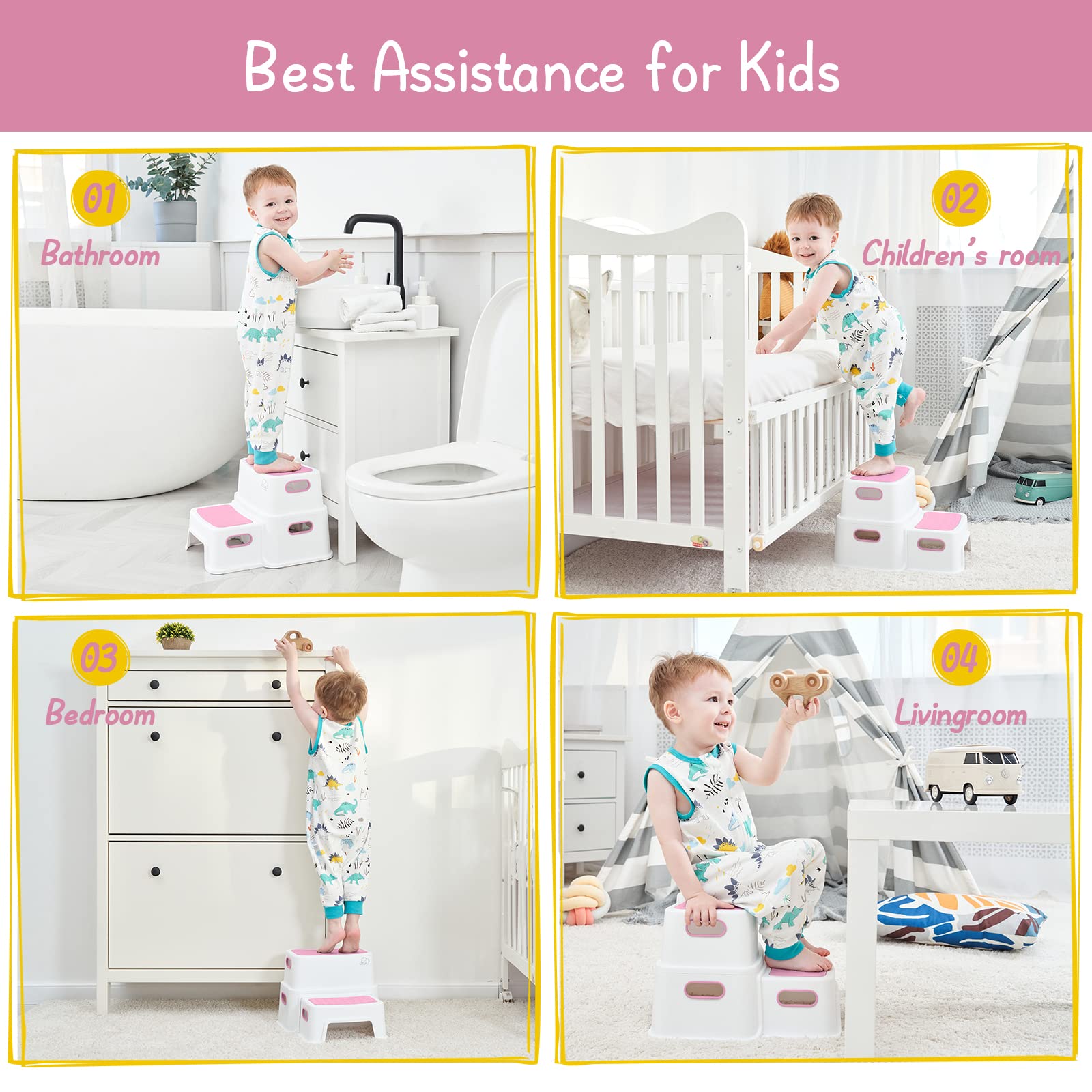Forbena pink toddler step stool easy to wipe clean after use.