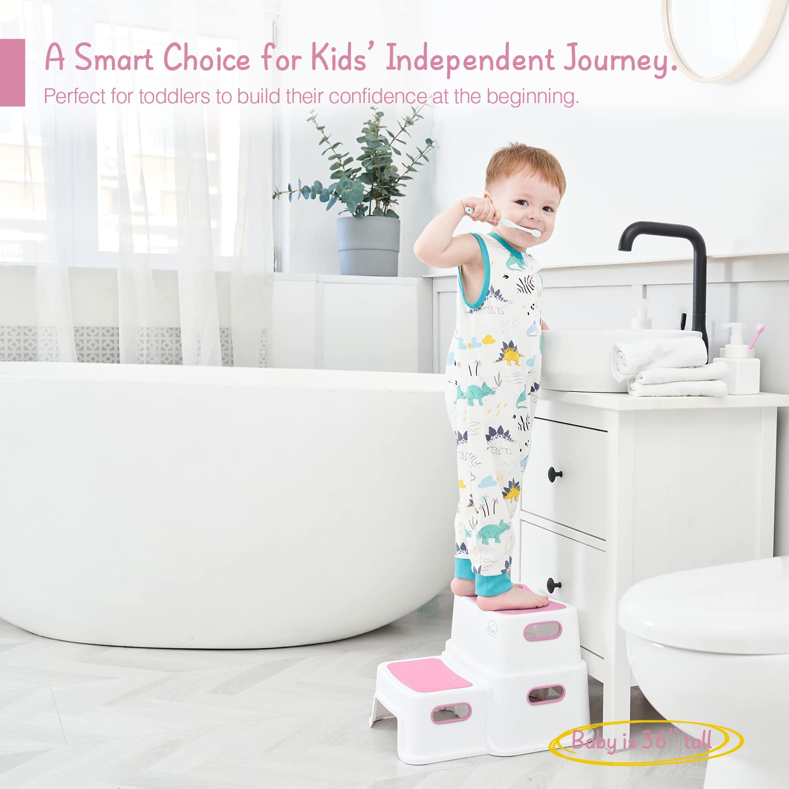 Forbena pink toddler step stool with handle aiding safe reach.