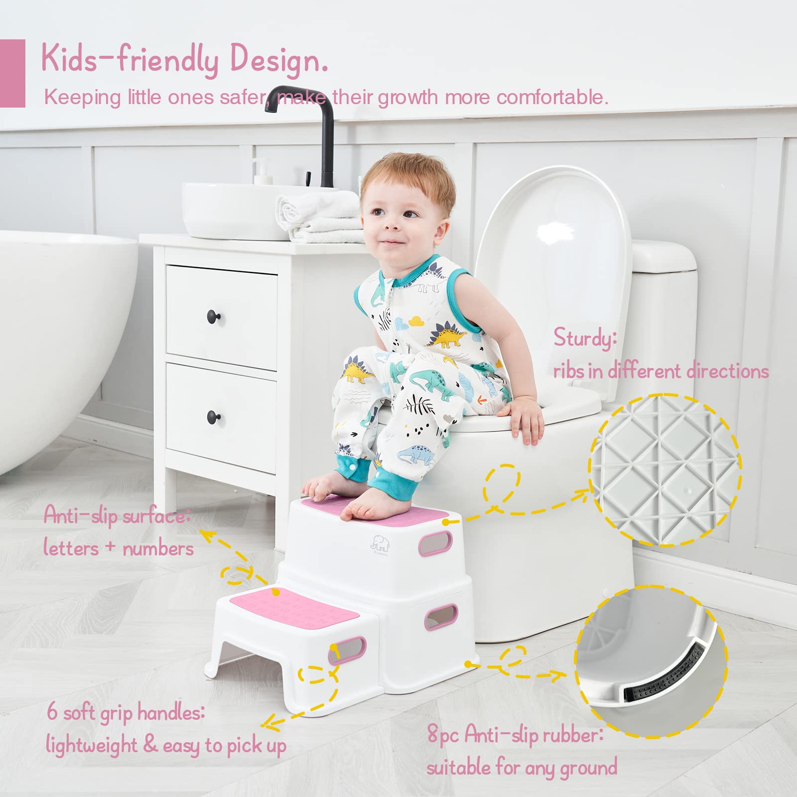 Forbena pink toddler step stool side view showing sturdy height.
