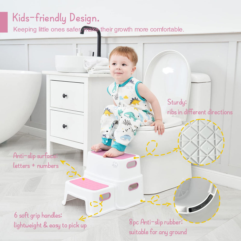 Forbena pink toddler step stool side view showing sturdy height.