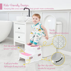 Forbena pink toddler step stool side view showing sturdy height.