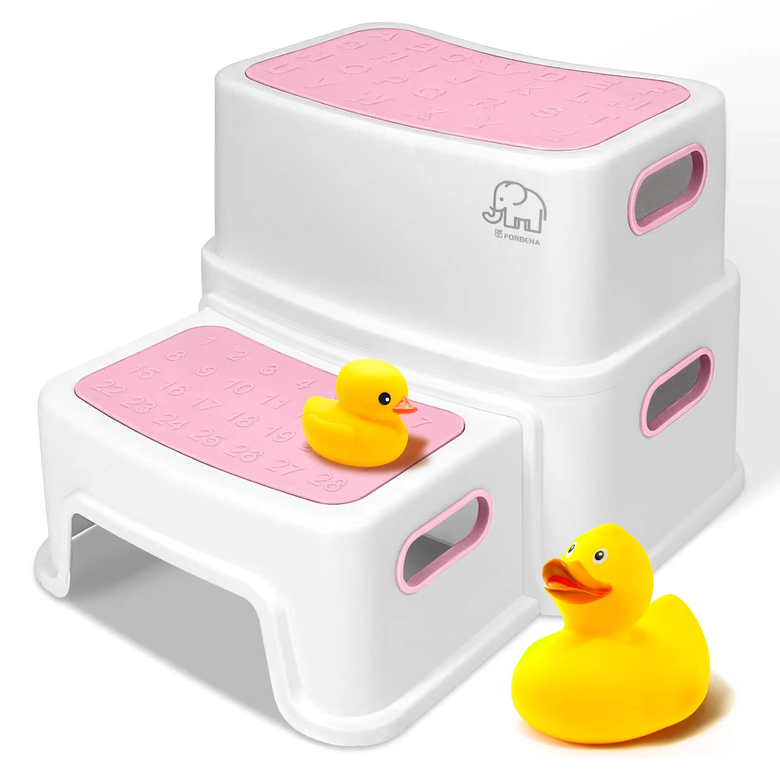 Forbena pink toddler step stool for toilet with secure slip-resistant feet.