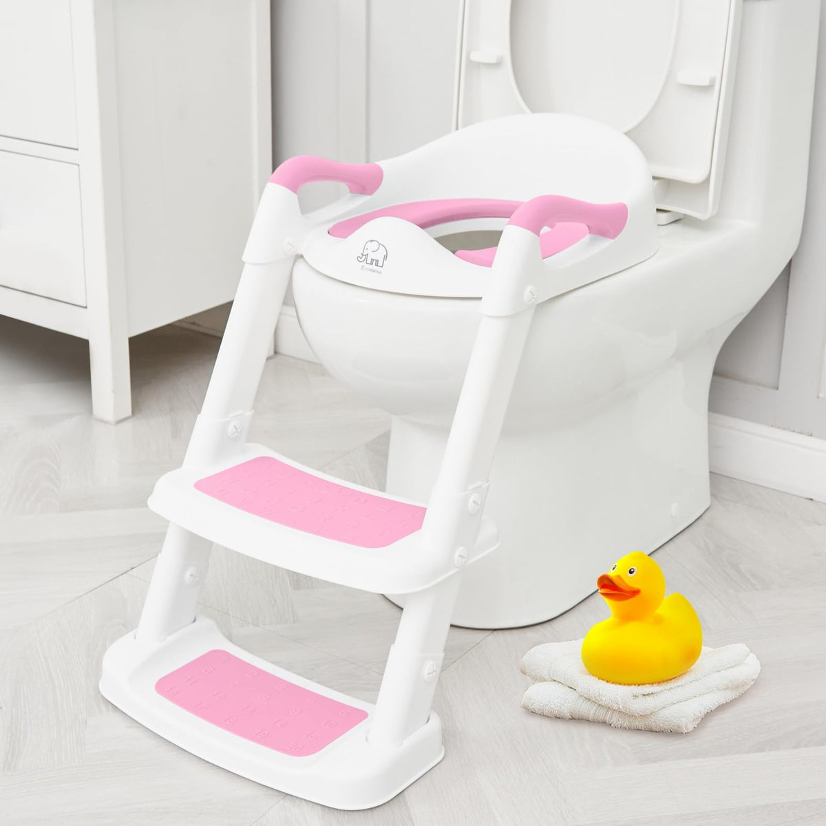 Forbena potty seat with side handles provides secure grip for toddlers during training.