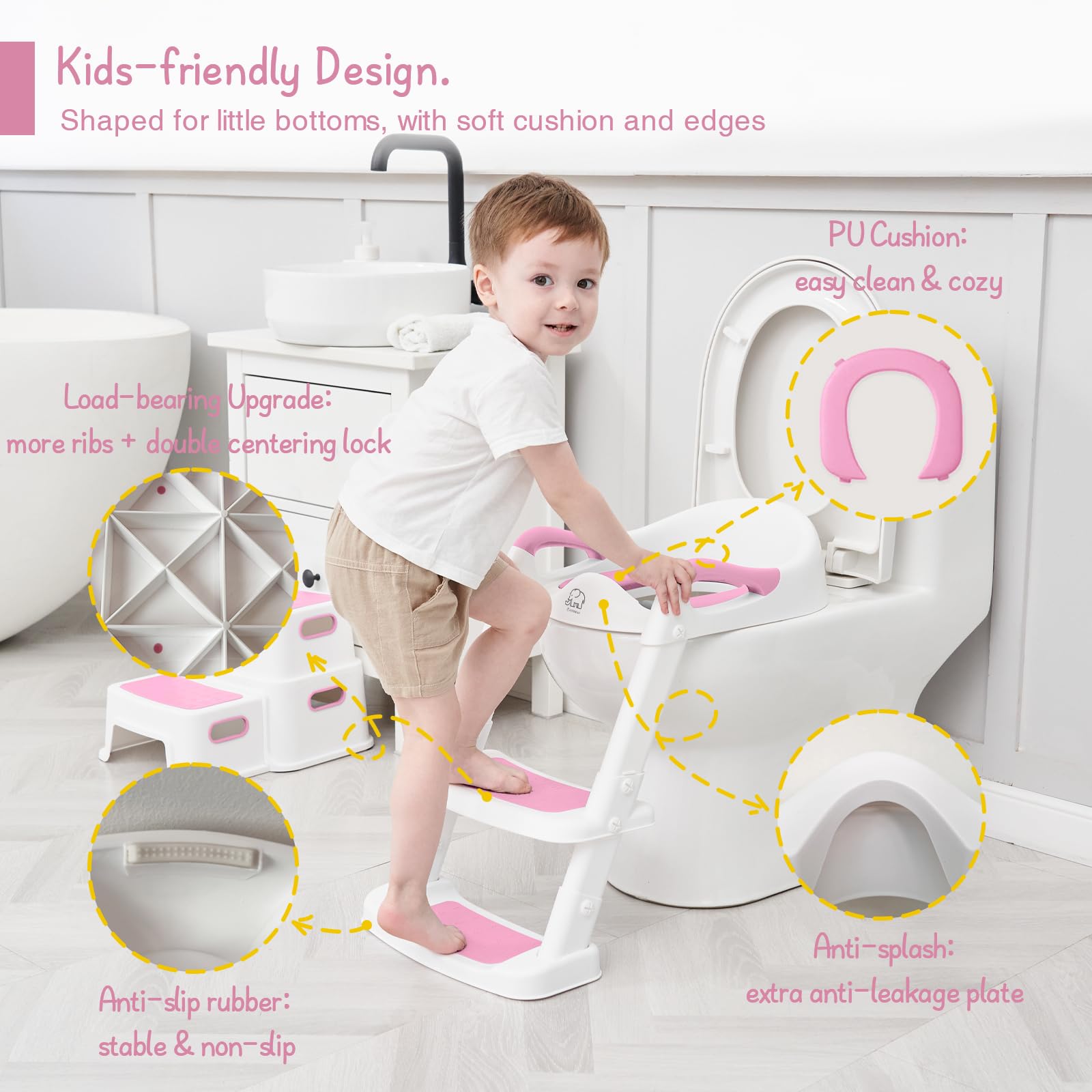 Forbena potty seat step stool highlights easy climb for independent toddlers.