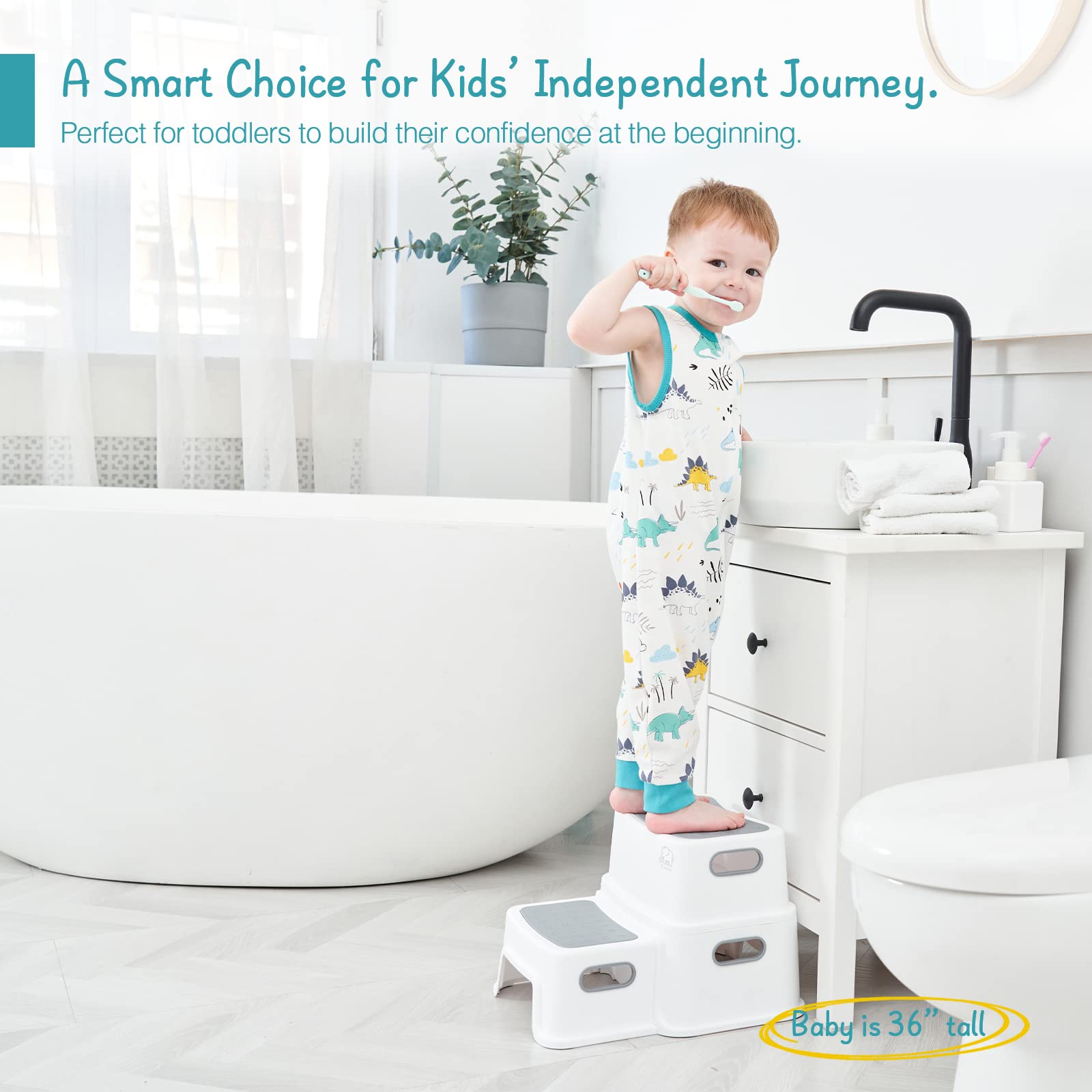 Forbena step stool non-slip feet keep it secure on tile floors.