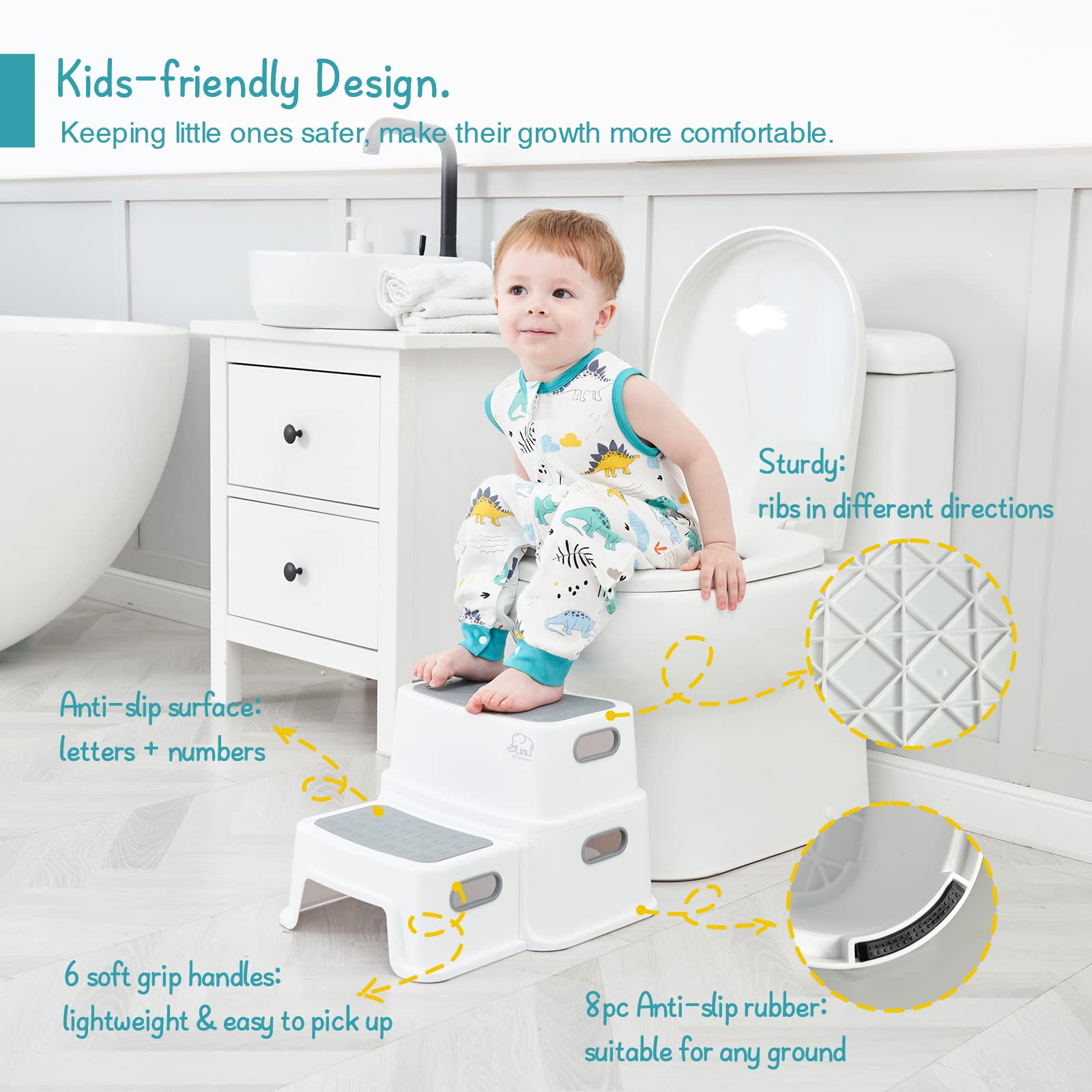 Forbena step stool with handles enables easy carrying by kids.