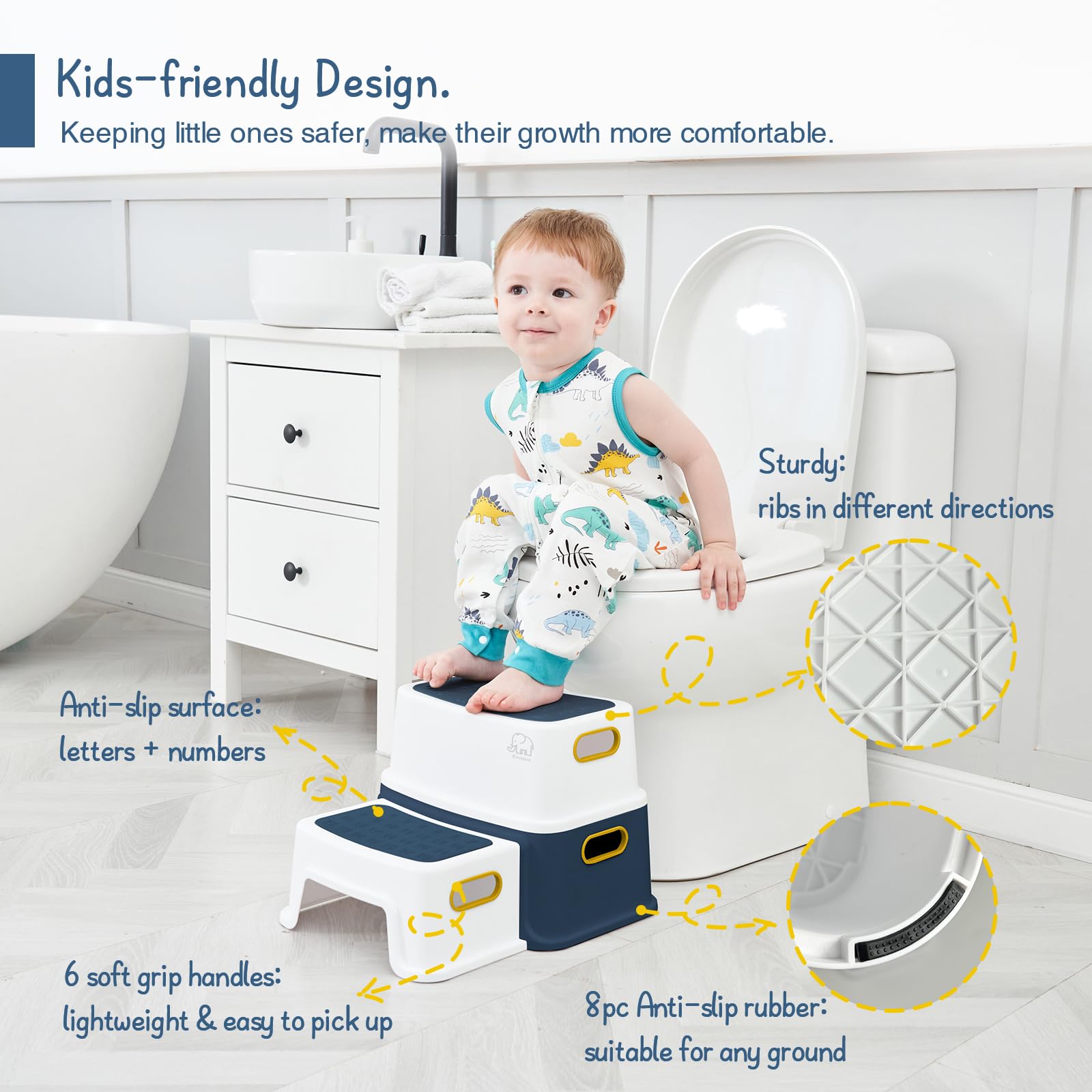 Forbena toddler step stool with handles provides easy grip and portability.