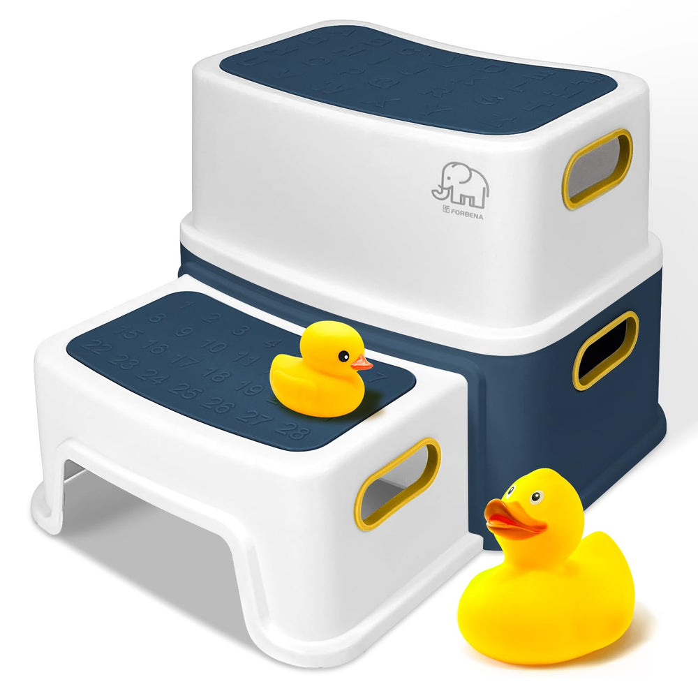 Forbena toddler step stool navy-yellow at sink offers sturdy reach for brushing teeth.