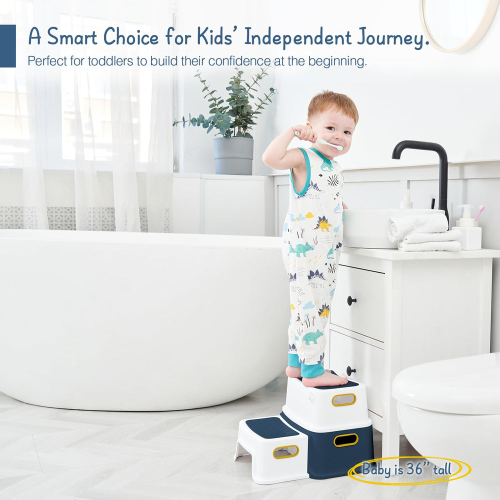 Forbena toddler step stool supports potty-training with secure reach to the toilet.