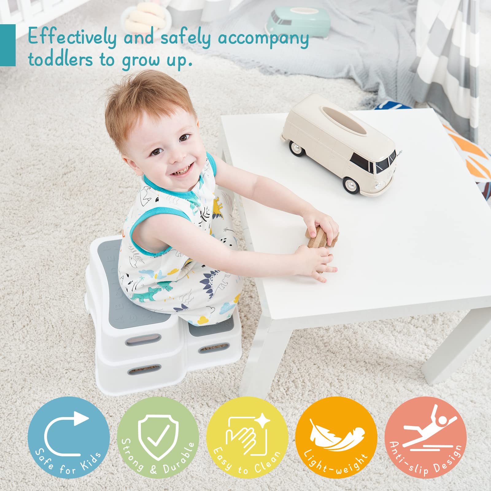 Forbena toddler stool is waterproof and simple to wipe clean after baths.