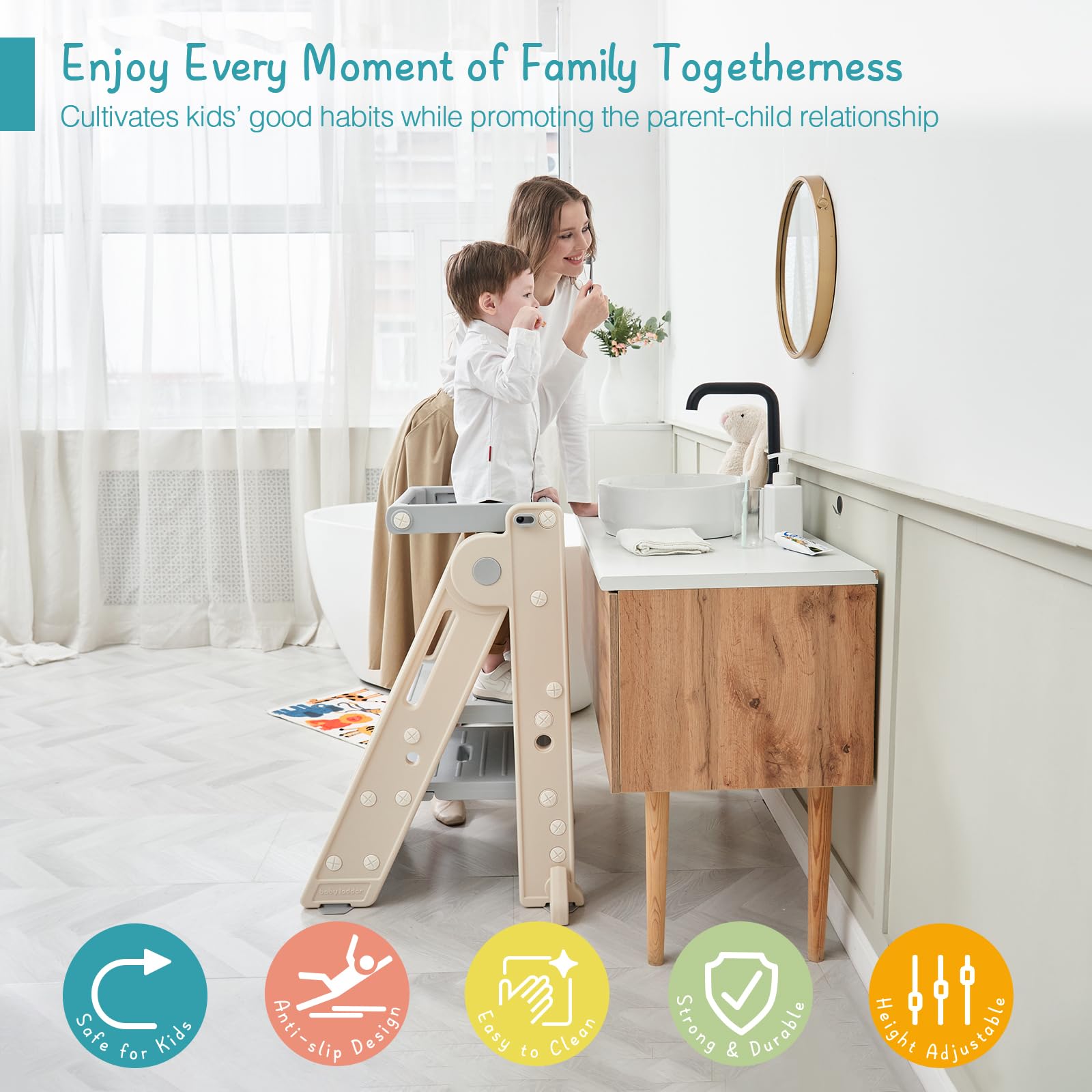 Forbena toddler tower used at kitchen counter supports independent learning and cooking help.