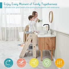 Forbena toddler tower used at kitchen counter supports independent learning and cooking help.