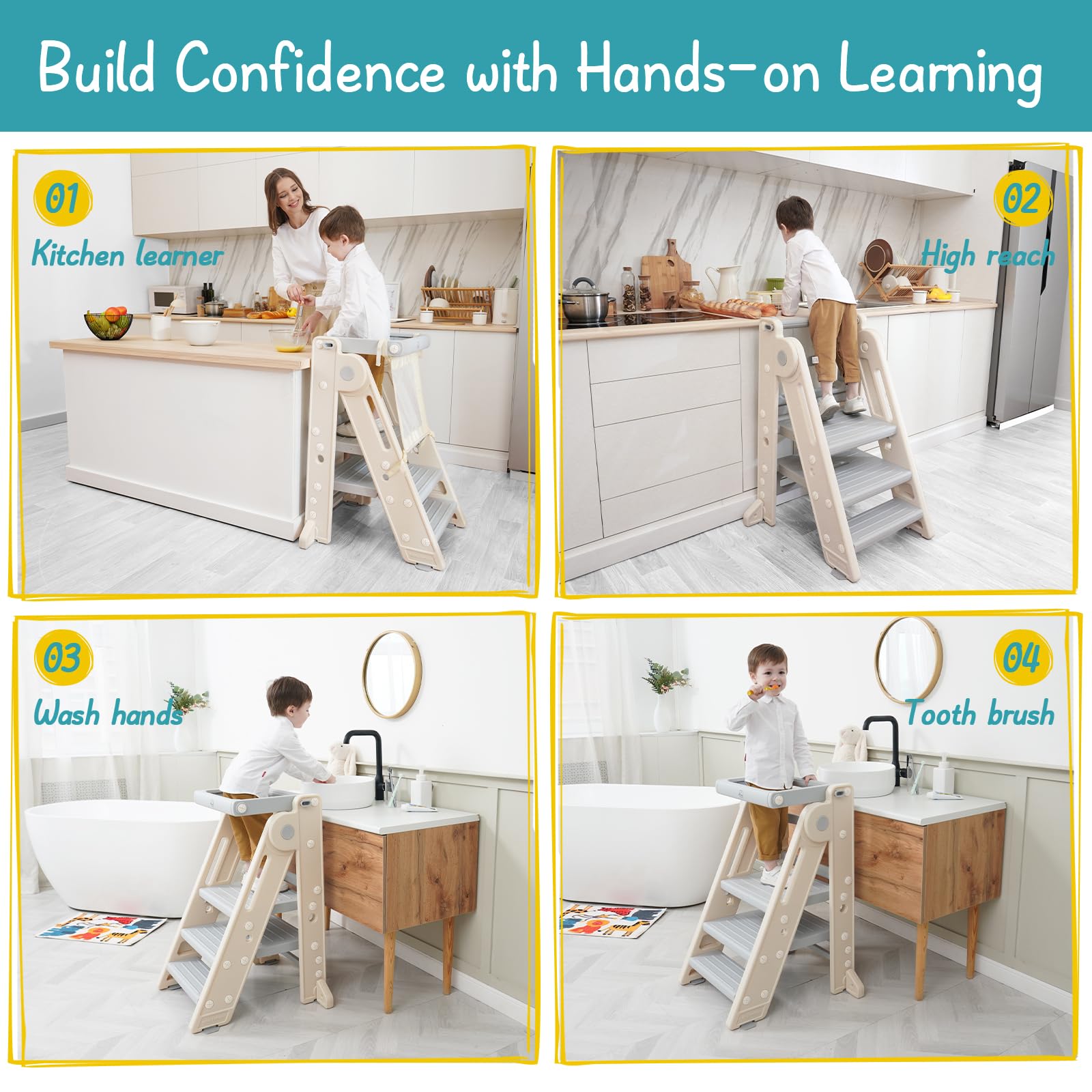 Forbena tower 200lbs weight capacity ensures sturdy support during toddler steps.