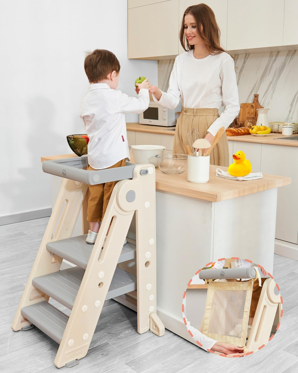 Forbena toddler tower foldable assembly demonstrates easy setup and secure design.