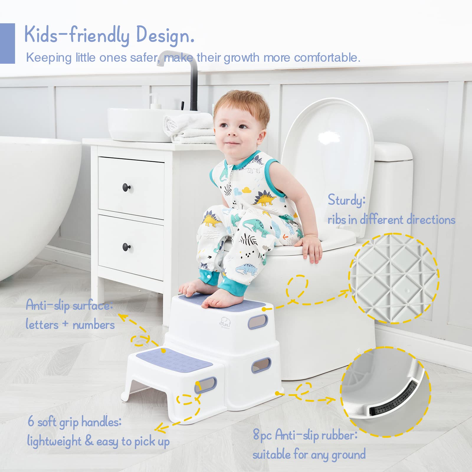 Forbena 2-step Stool assembled view highlights easy setup and durable plastic design.