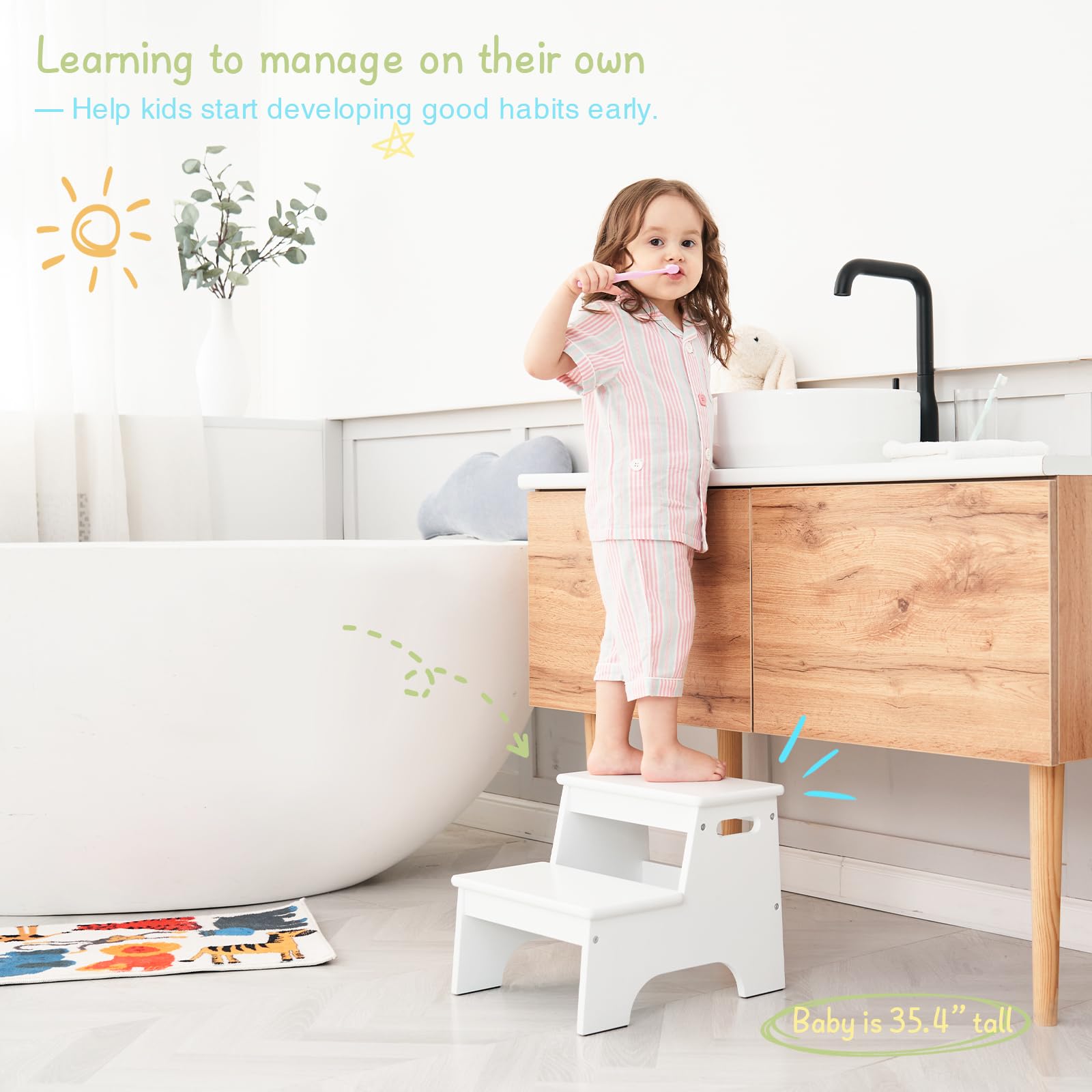 Forbena two-step stool aids potty training with non-slip mats.