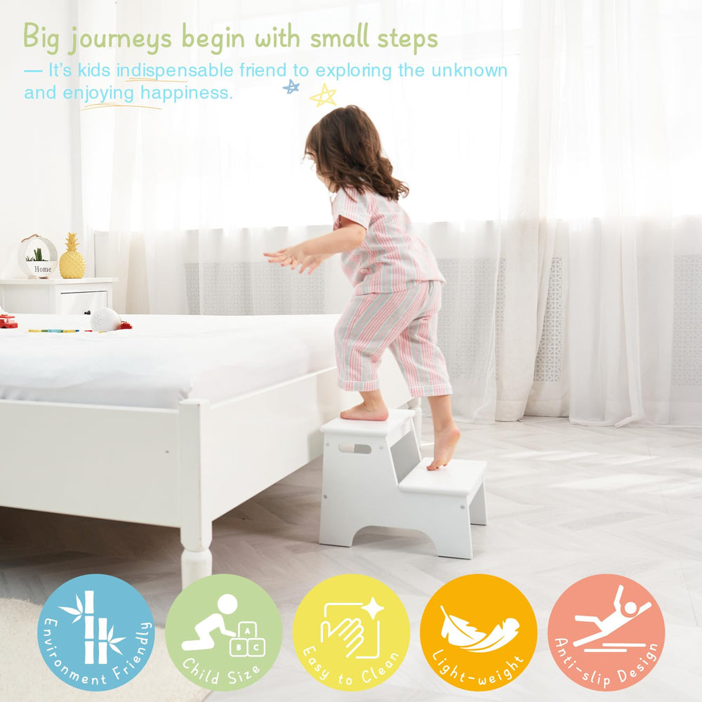 Forbena wooden kids stool highlights durable bamboo construction.