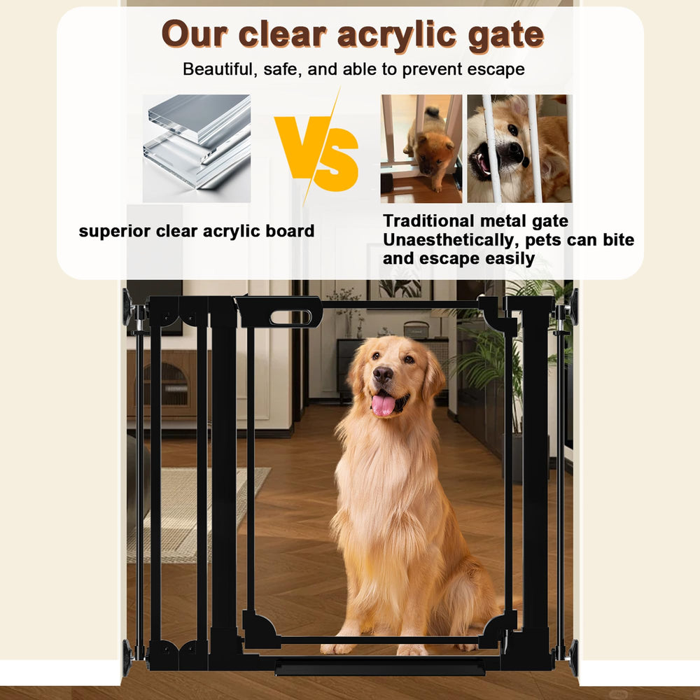 Foreng Clear Acrylic Baby Gate auto-close demonstrates convenient hands-free closure in tight hallways.