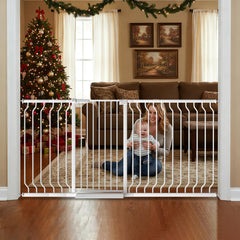 Foreng extra tall gate closed doorway offers a secure barrier for stairs and pets.