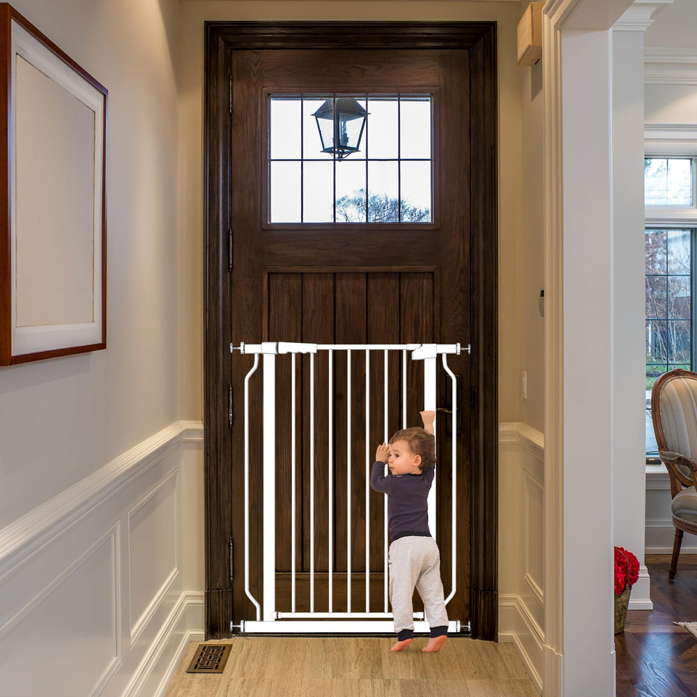 Foreng extra tall gate white finish blends with interiors and keeps pets safe.