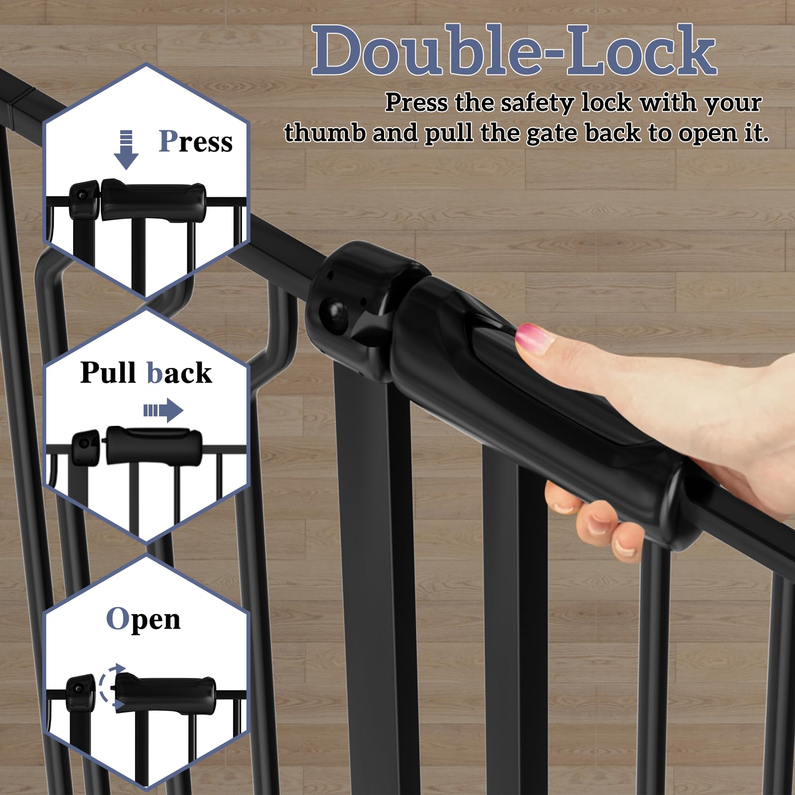 Foreng extra wide gate 180-degree opening supports flexible entry from either side.