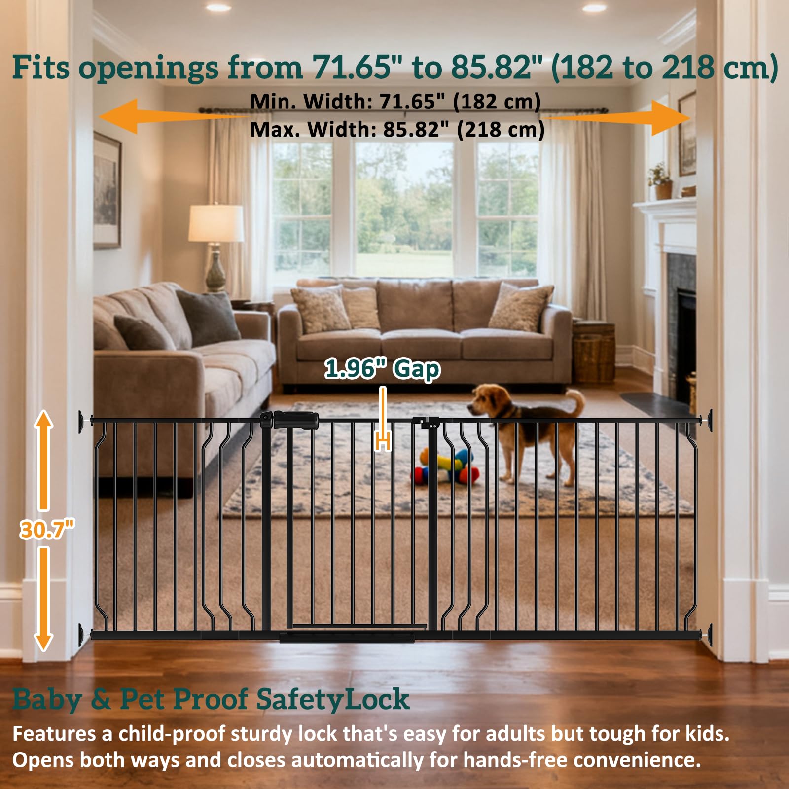 Foreng extra wide gate pressure-mounted installation requires no drilling and tool-free setup.