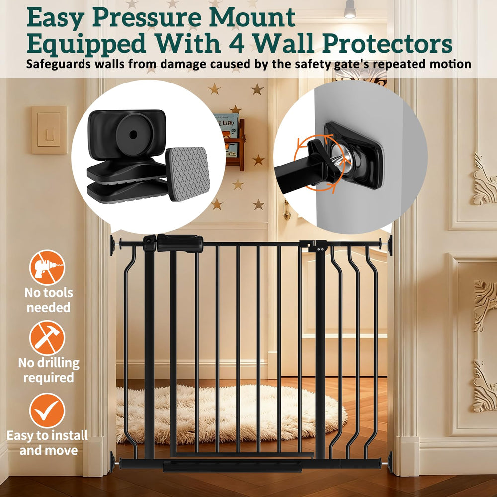Foreng extra wide gate with wall protectors guards walls during assembly.