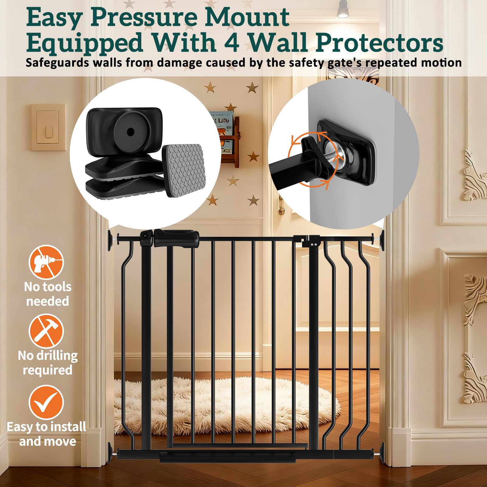 Foreng wall protectors prevent wall damage during gate use.