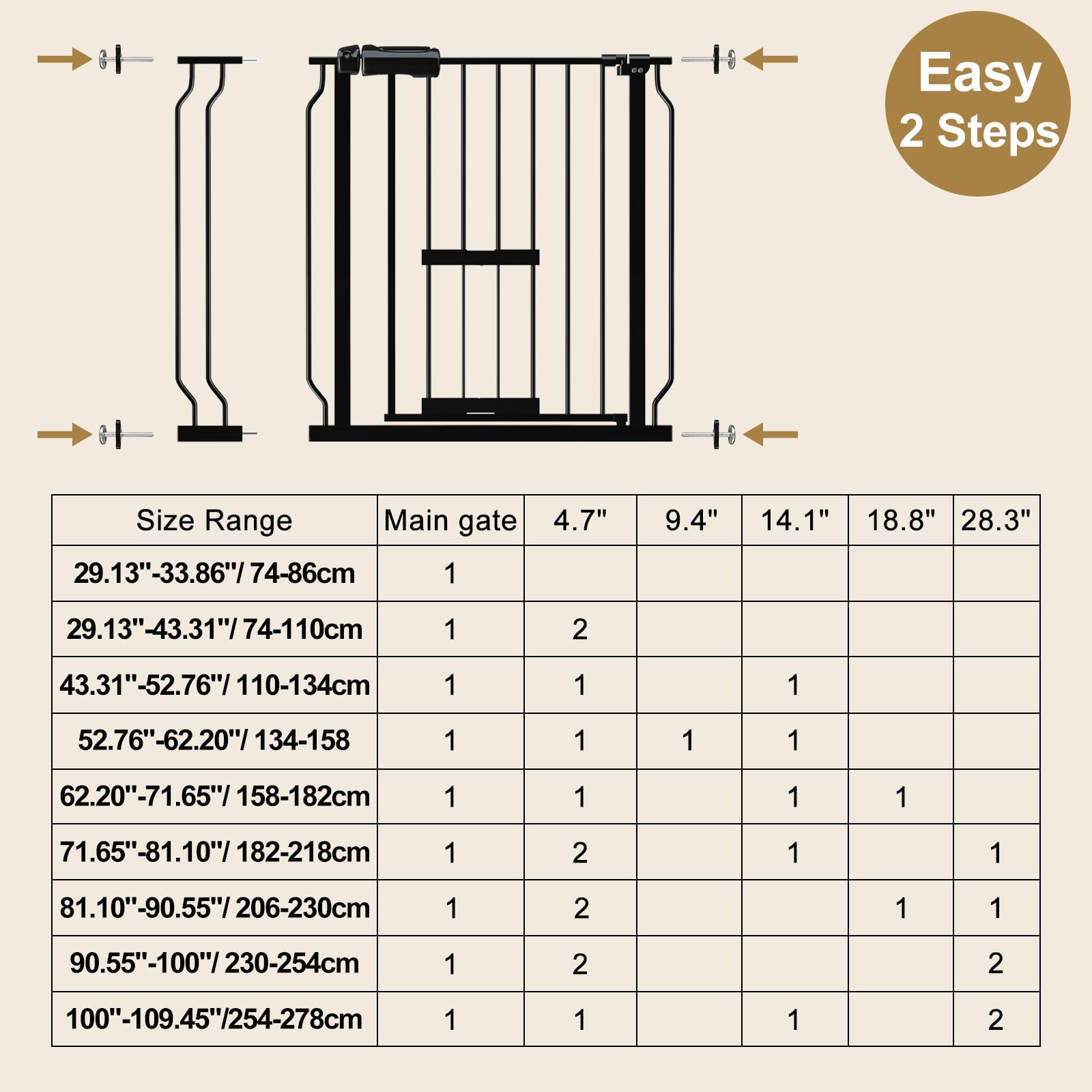 Foreng extra wide sizing fits doorways from 29.13 inches to 109.45 inches.