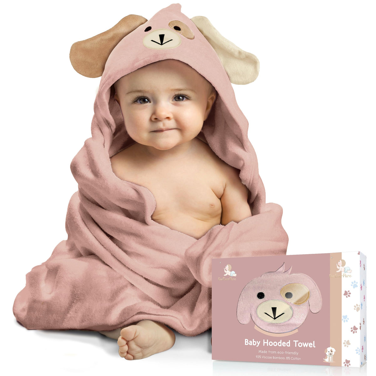 FOREVERPURE baby towel hooded in dusty pink keeps baby warm after bath.