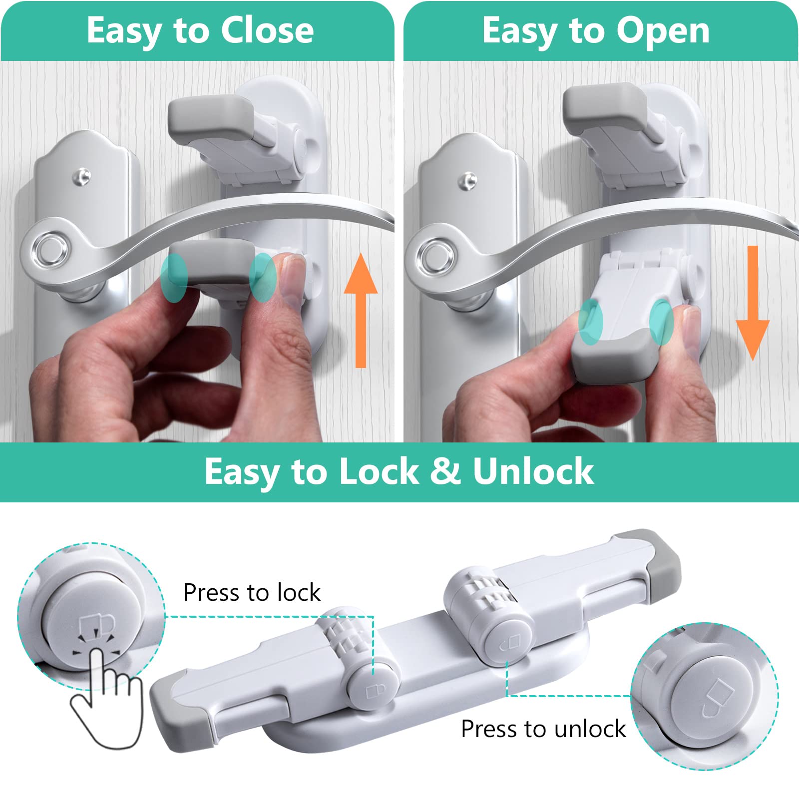 Fority door lever lock with 3M adhesive close-up highlighting strong, reusable mounting.