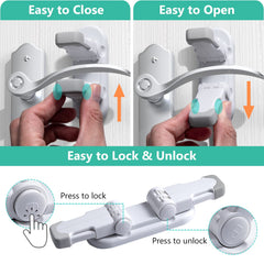 Fority door lever lock with 3M adhesive close-up highlighting strong, reusable mounting.