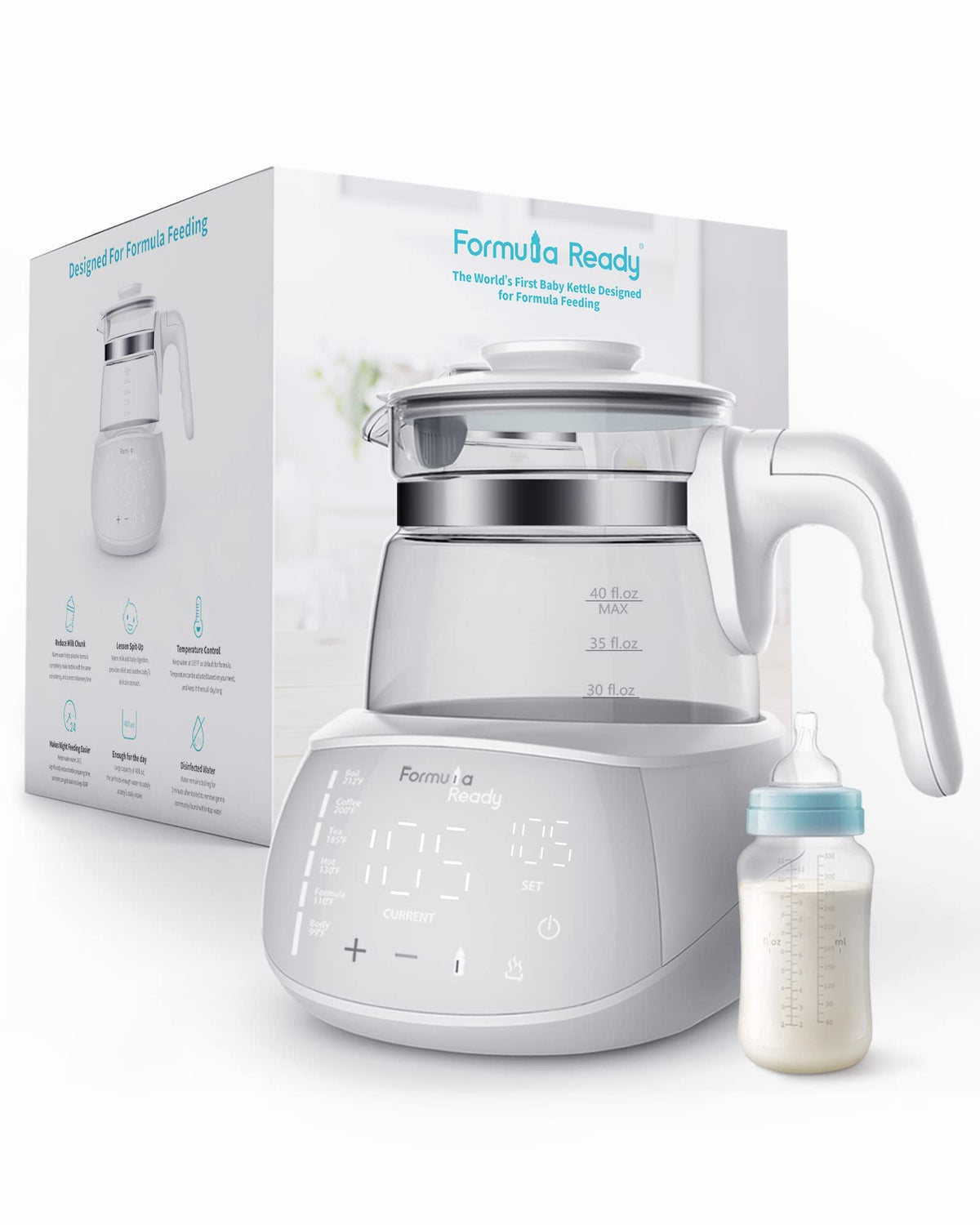 Formula Ready Baby Water Kettle with one-button boil for quick feeds.
