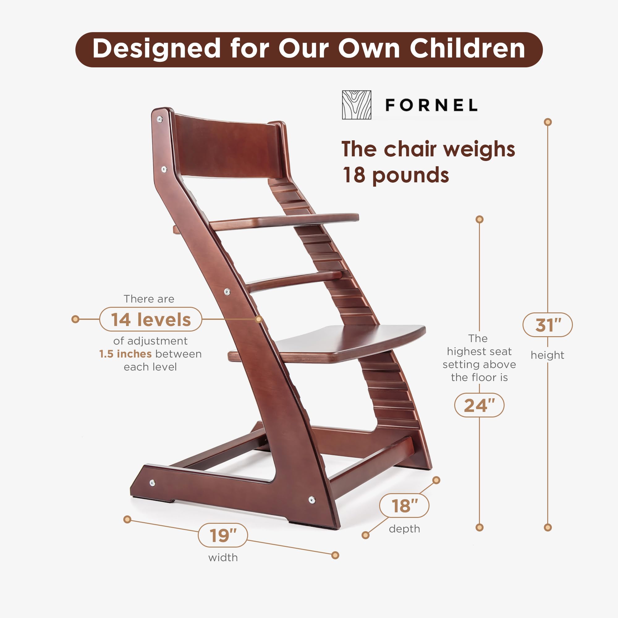 Fornel adjustable high chair dark walnut seat adjustment highlights easy height changes for growing children.
