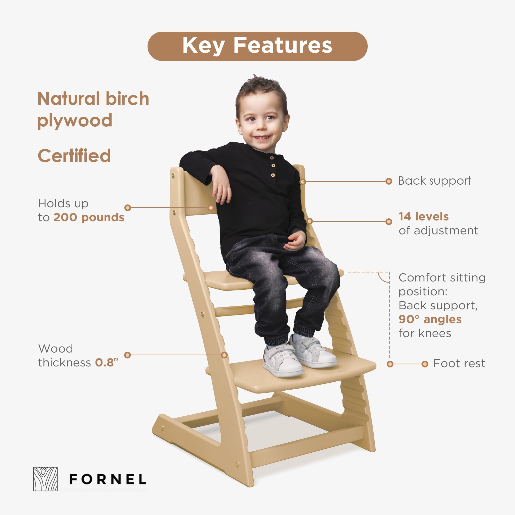 Fornel high chair adjustable seat and footrest in action for growth.