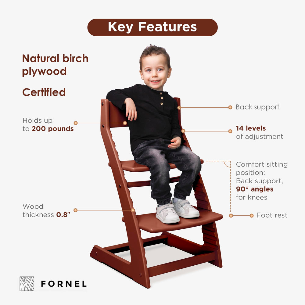 Fornel high chair dark walnut dining-table compatibility shows seamless family meals.