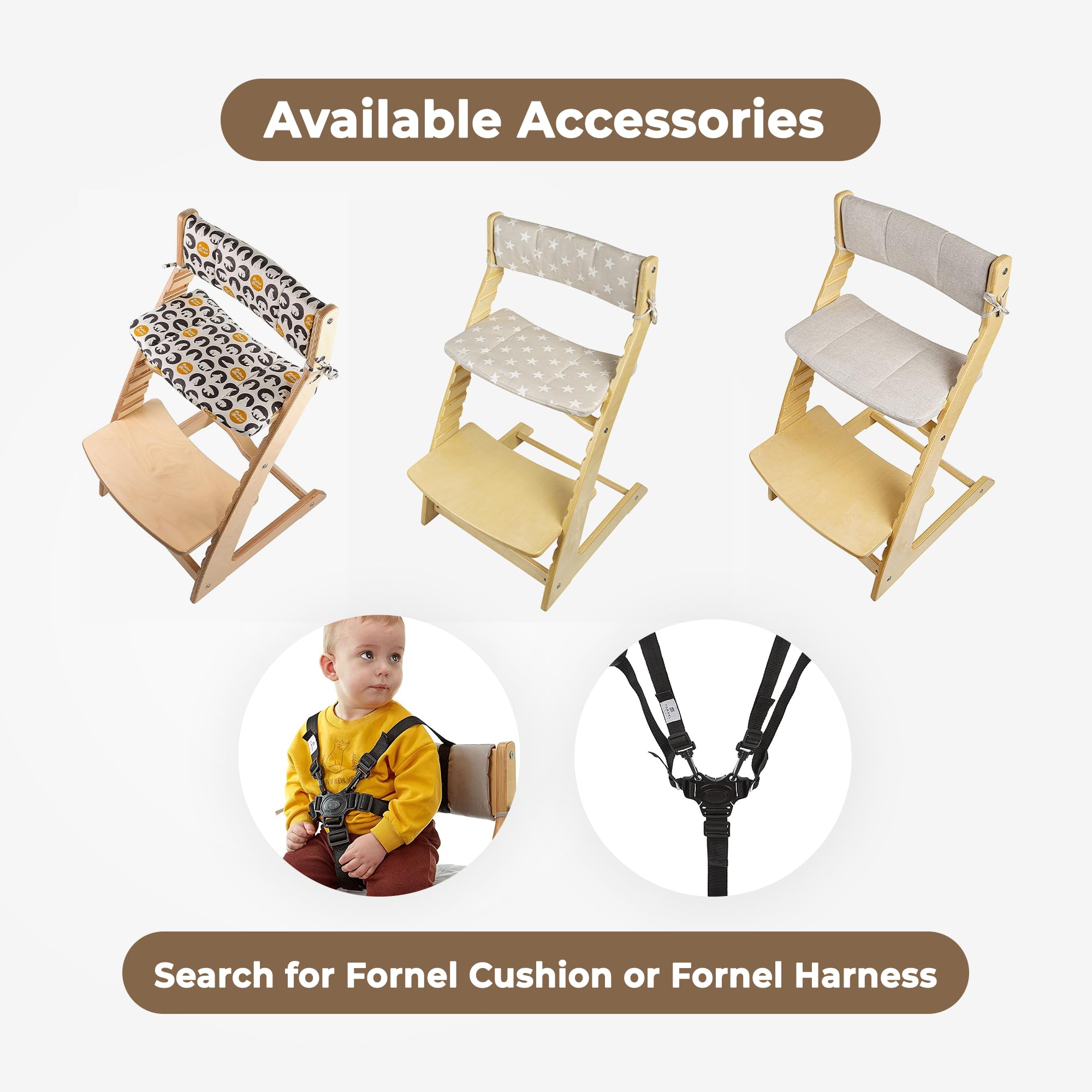 Fornel high chair easy-care finish handles daily family use.