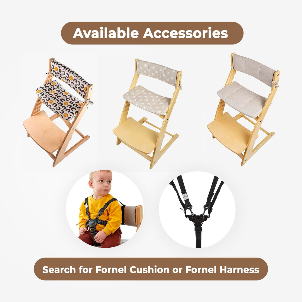 Fornel high chair easy-care finish handles daily family use.