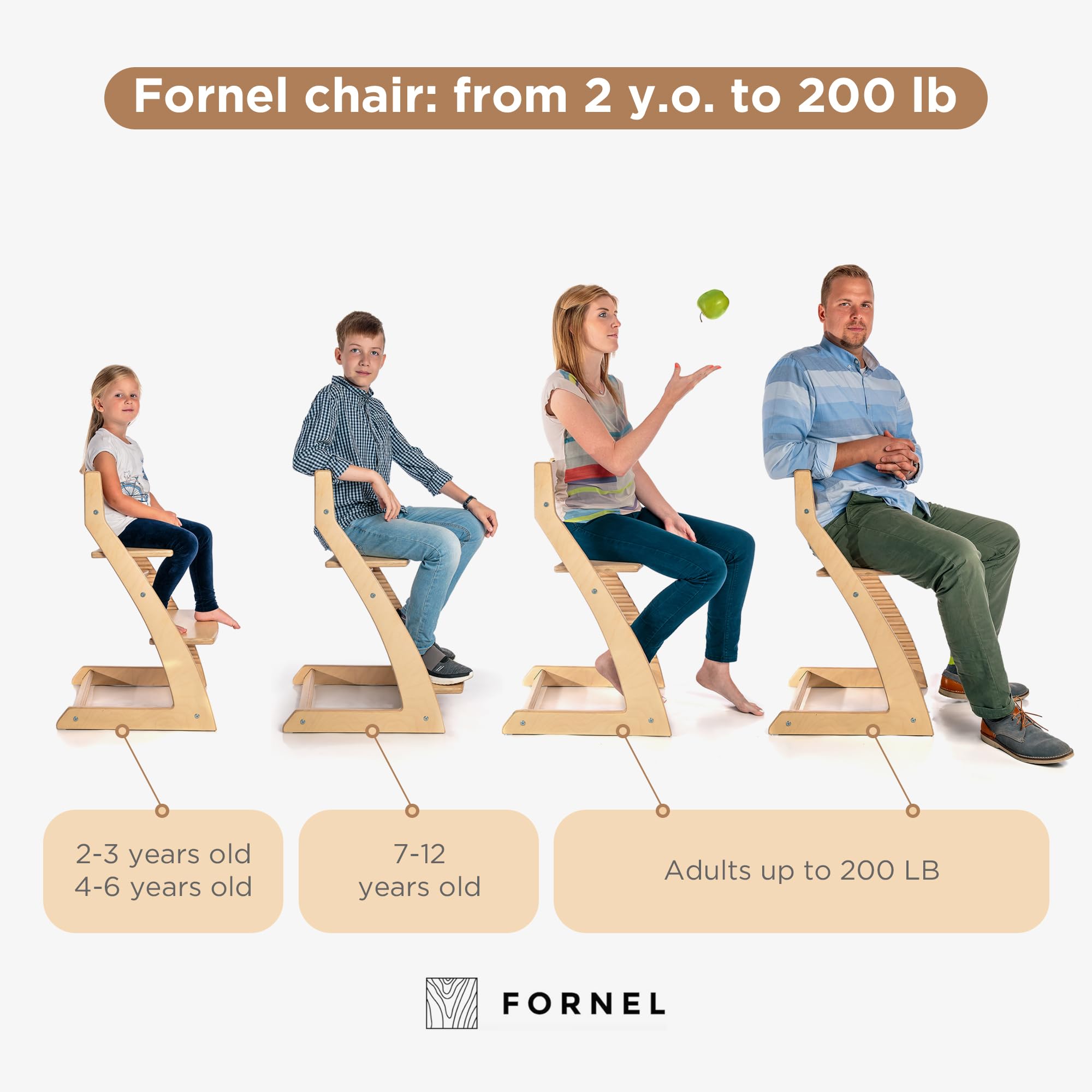 Fornel high chair natural wood close-up reveals smooth, easy-to-clean finish.
