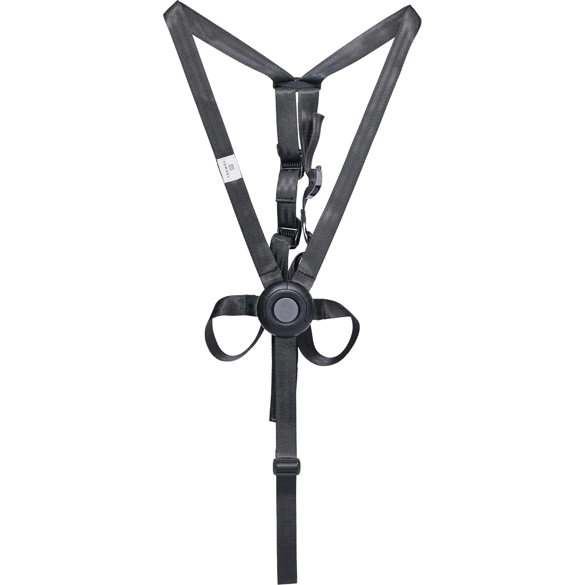 Fornel 5-point high chair harness on chair supports secure mealtime seating.