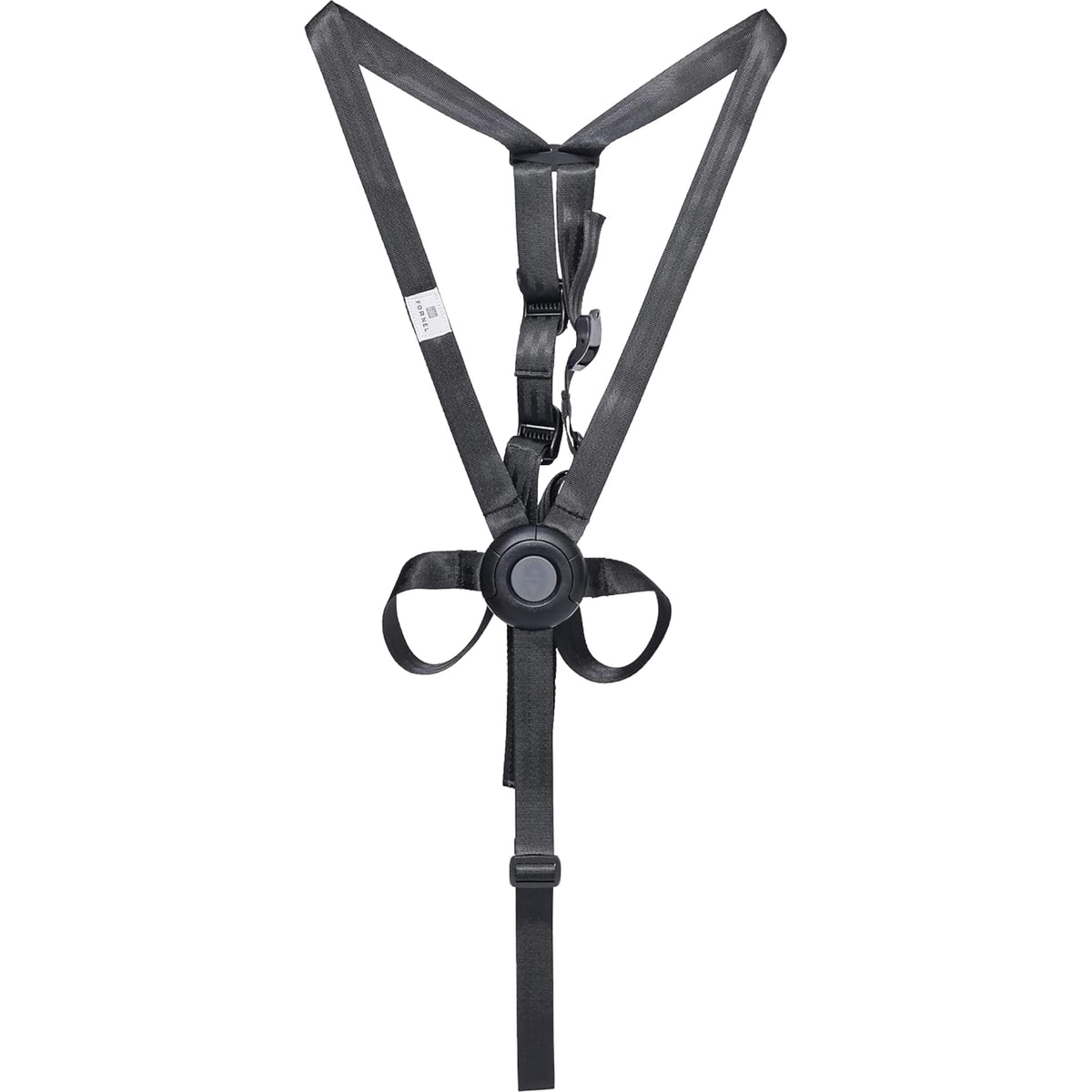Fornel 5-point high chair harness on chair supports secure mealtime seating.