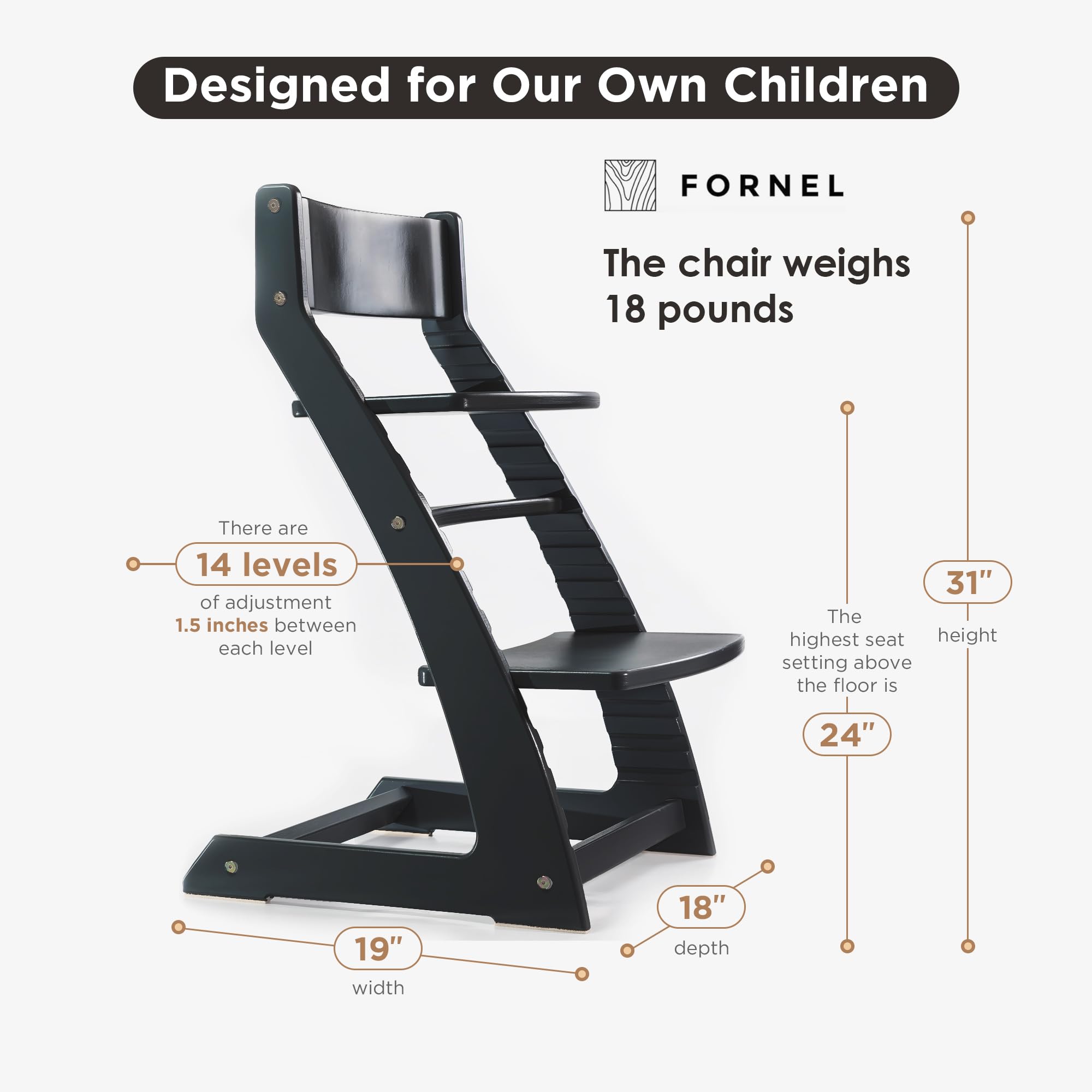 Fornel Modern Black High Chair adjustable-seat demonstrates grow-with-me versatility for toddlers