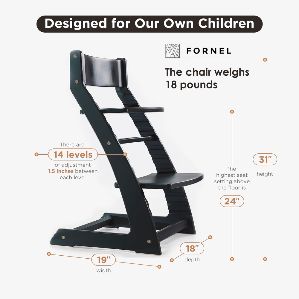 Fornel Modern Black High Chair adjustable-seat demonstrates grow-with-me versatility for toddlers
