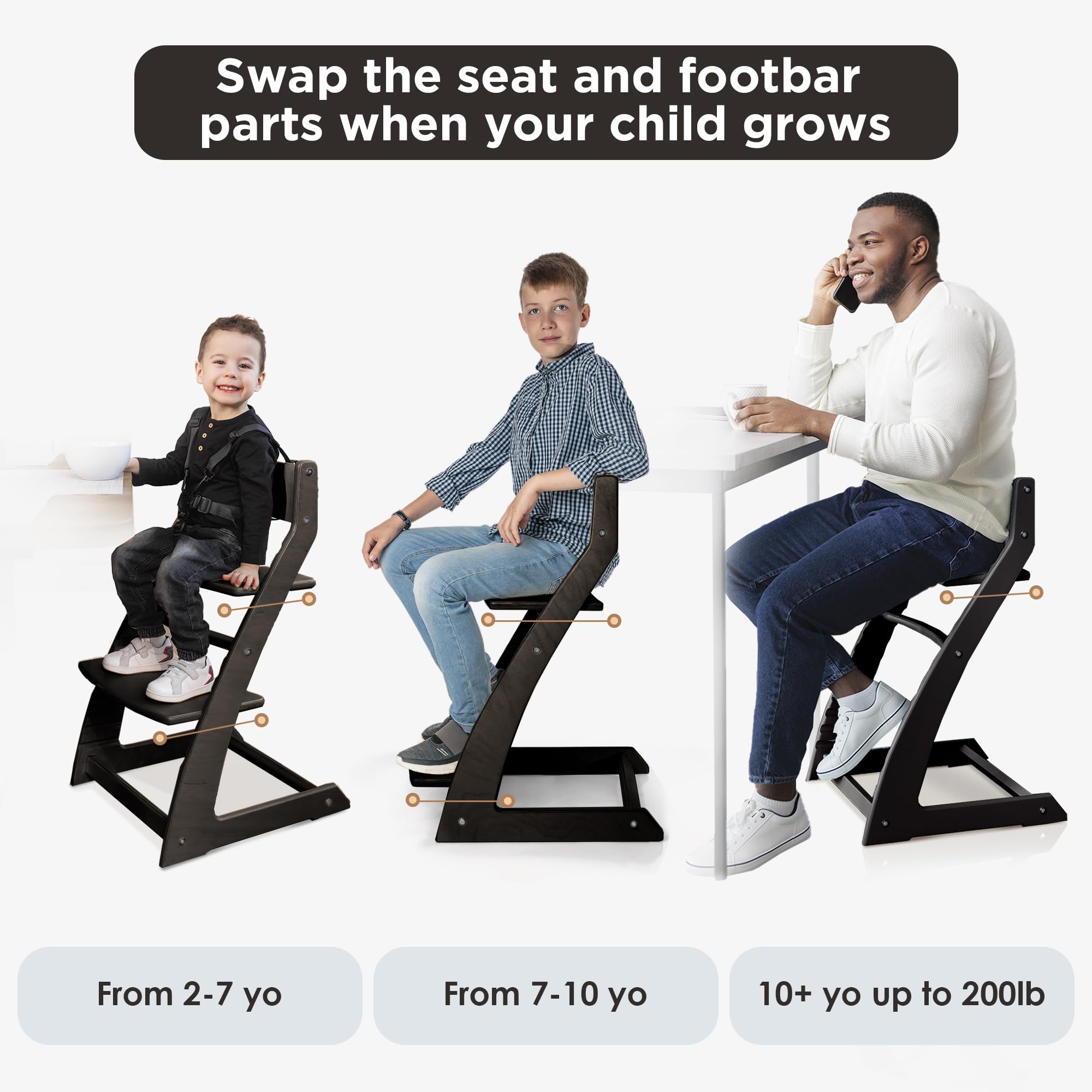 Fornel Modern Black High Chair easy-clean surface simplifies cleanup after meals